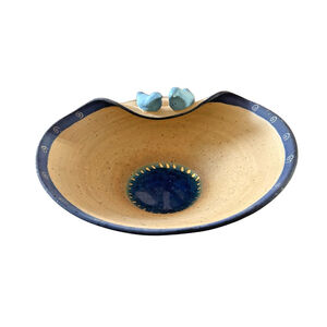 Studio Art Pottery Handmade Tan and Blue Ceramic Decorative Bowl
